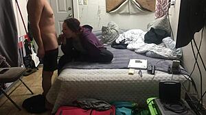 In Miami, an 18-year-old redhead amateur slut performs a blowjob and receives cum.