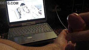 horny guy jerks hard cock watching porn until explosive cumshot