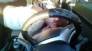 Amateur Redhead Performs Deepthroat Blowjob Outdoors in Public Car