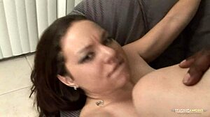 the white brunette works out in skimpy clothes, getting into trouble with his big black cock. she rides and doggystyles the monster cock, ending with cum on her shaved pussy