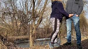 Mother-in-Law in Leggings Holds Cock Firmly While Pissing and Sucks Hard Outdoors