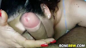 a bbw milf casually delivers a satisfying blowjob and handjob that ends with a happy cumshot