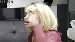 Blonde bombshell endures rough deepthroat blowjob with intense face fucking and saliva dripping