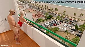 Balcony sex with beach view, outdoor blowjob, cum on fake tits.