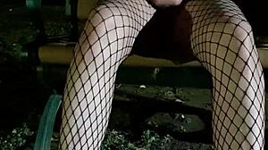 I am Tingting, outdoor in heels and fishnets, masturbating until squirting on stockings.
