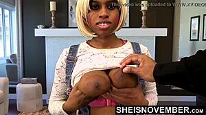 Msnovember pulls huge brown tits out for step dad in blue denim overalls, nipples hard!