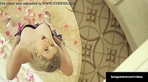 sunny lane stuffs her shaved pussy with toys on tiny table