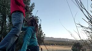 Behind The Scenes, This Slut Performs Deep Outdoor Blowjob For Cumshot