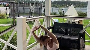 Beautiful skinny teen stretches early morning yoga routine with small waist amateurs