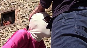 laura in pink outfit on heels gives outdoor blowjob and swallows cum 😍