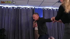 in this threesome, femdom babes deepthroat and tug cock while clothed