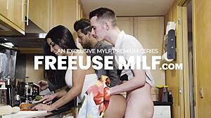 horny stepmom teases stepson with deep blowjob in bedroom