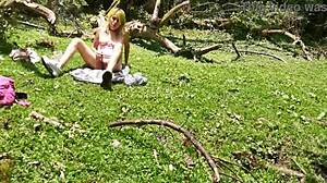 I found this latina girl flashing her big ass in the forest with a vibrator! 😍