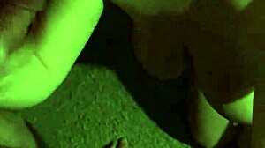 Big-tits blonde with glasses gives facial cumshot after blowjob.