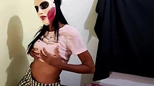 brunette student skips halloween classes for homemade porn