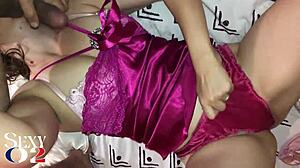 French Slut in Purple Satin Nightie Sucks Cock, Deepthroats, Licks Ass, and Dirty Talks During Anal Sex