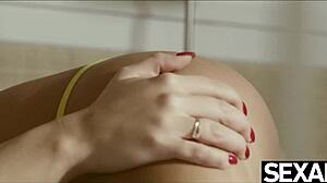 Beautiful petite brunettes in stockings tease each other to intense orgasms