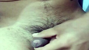 Solo guy touches himself with big cock and natural tits.