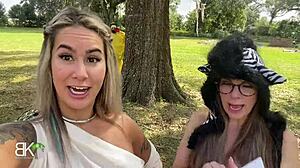 Blonde cougar dominates Halloween maze with deepthroat action!