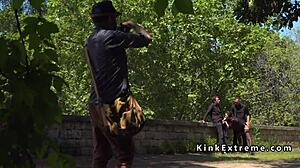 Dark haired babe gangbanged in public.