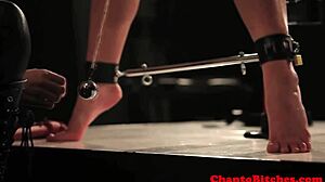 The submissive is ball gagged and tied up in this intense lezdom bondage scene