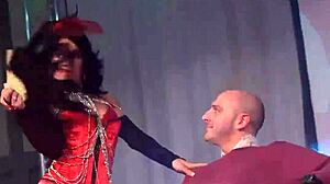 Slutty Brunette Strips in Red Lingerie Outdoors for Public Sex