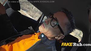 busty babe rides driving instructor in public car