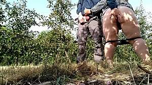 Outdoor kinky session where finger penetrates masturbating hairy bbw milf's ass leading to cum.