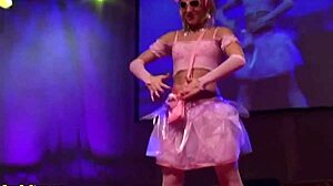 skinny teen doll feels exposed and excited while naked on stage in public