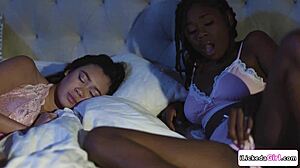 Asian Babe Licks Ebony Girlfriend's Hairless Pussy In Bedroom