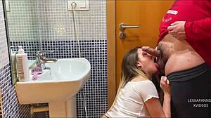 I sneakily bang my stepsister's boyfriend while she's on the couch. He finishes inside my tight little spot!