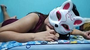 Wet-haired Filipina chubby girl sucks dildo in maroon dress!