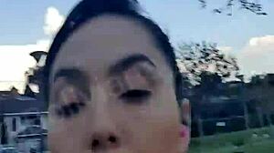 latina babe showing shaved pussy to guys in the park