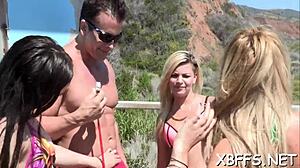 these teen 18+s are sharing a big weenie, sucking and fucking it