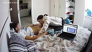 I watched this amateur brunette suck and jerk off her guy