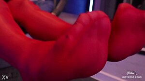 toes wiggling enticingly in red shiny pantyhose