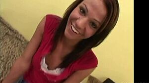 Smiling 18-year-old brunette Addison Rose bent over riding cock first time