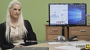 Pervert guy fucks busty blonde for money at office.