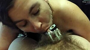 Mistress Gives Chastity Blowjob To Submissive Man