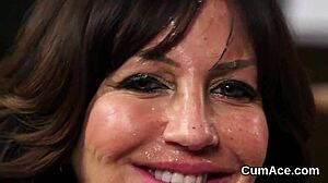 this flirty doll is getting a cumshot on her face and gulping all that jizm, wow!