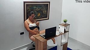 The secretary at the office gets so horny she starts masturbating right there