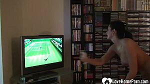 Hey check this hot brunette fooling around in socks like a sexy slut