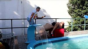 milf receives creampie in outdoor public pool