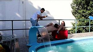 milf receives creampie in outdoor public pool