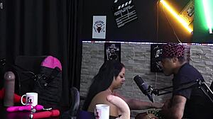 Morena pushes out husband's cock for blowjob with Hanna Pimentinha and Richard Pimenta in sheer red.