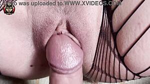 stepsister in gloves lets european guy with big cock cum on her shaved creamy pussy in sensual close-up sex