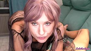 Lilac-Haired Minx Sucks Big Dick in Pantyhose
