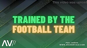 Football team bangs in muscle worship gangbang with dirty talk bukkake! Slut gets group fetish action!