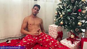 Christmas masturbation next to the tree? Santa is cumming hard with handjob and stripping!
