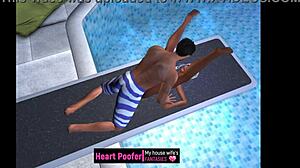 Bold cartoon sex on the jumping board at public swimming pool